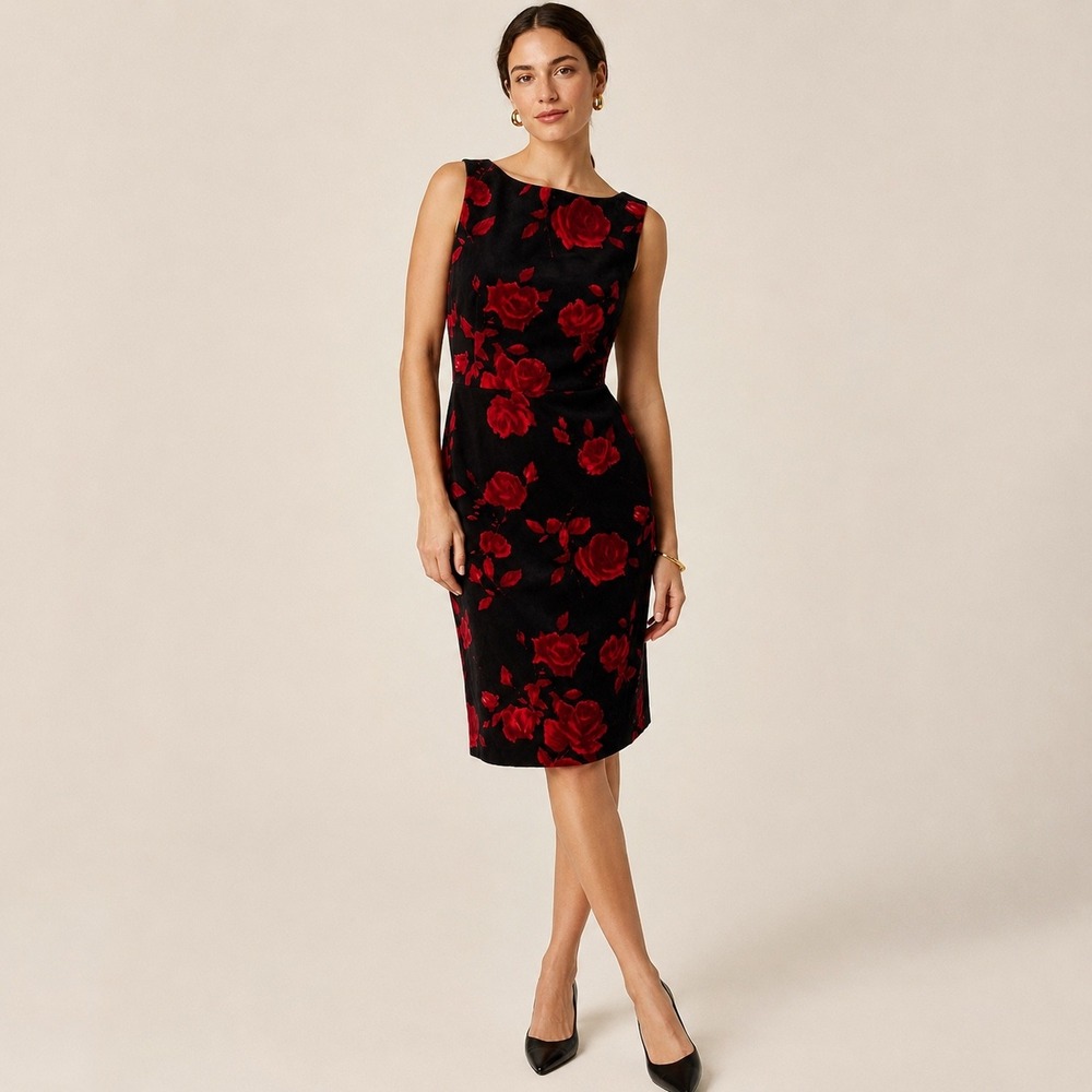 Talbots Sheath Dress Black Red Rose Floral Velvet Sleeveless NWT Size 6